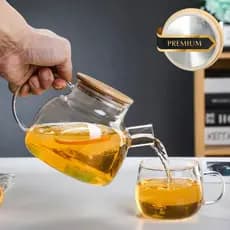 Chaleira Vidro Borossilicato Tampa Bambu Bule Vai ao Fogo 1L Filtro Inox Tampa Premium