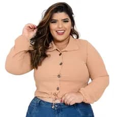 Blusa Feminina Cropped Camisa Plus Size  Social Botões Em Dunna Manga Longa Bulfante - Eduarda