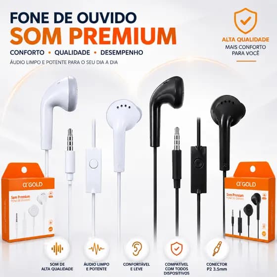 FONE DE OUVIDO A'GOLD ORIGINAL COM FIO SOM ESTÉREO CONECTOR P2 ALTA DURABILIDADE E CONFORTO