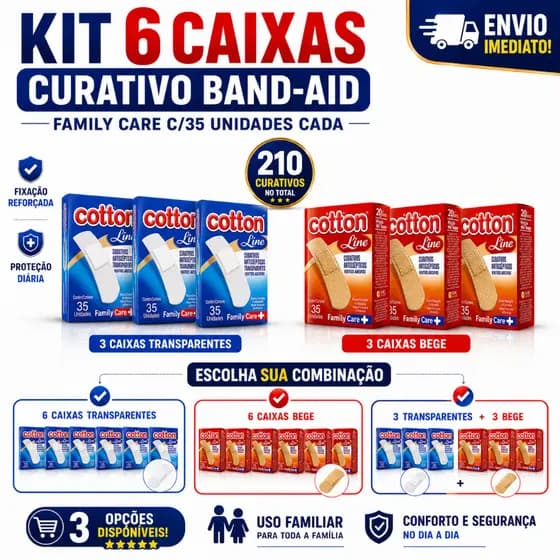 KIT 6 CAIXAS CURATIVO BAND-AID FAMILY CARE C/35 UNIDADES ALTA FIXAÇÃO E PROTEÇÃO ESCOLHA A COR