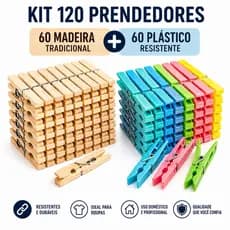 Kit 120 Prendedores Roupa 60 Madeira + 60 Plástico Reforçado Varal Resistente águia branca