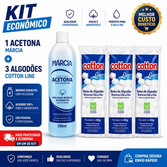 Acetona 500ML Márcia + 3 Algodão Cotton Line 40g Higiene Unhas KIT Manicure ENVIO IMEDIATO