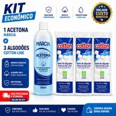Acetona 500ML Márcia + 3 Algodão Cotton Line 40g Higiene Unhas KIT Manicure ENVIO IMEDIATO