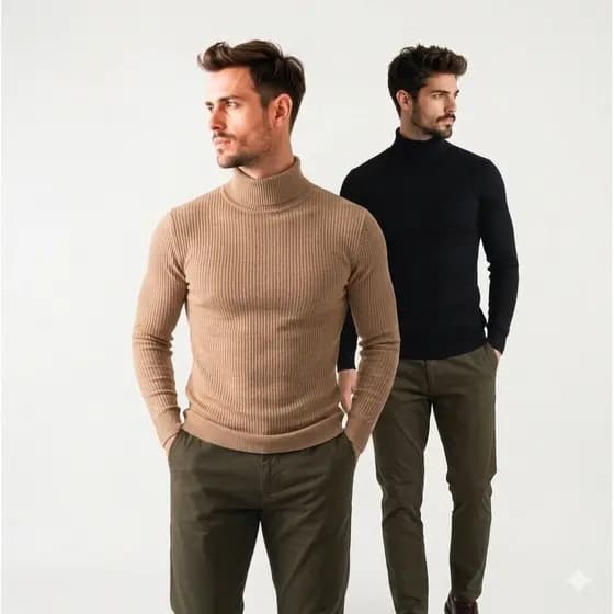 Kit 2 Cacharrel Masculina Canelada Gola Alta Suéter Manga longa de Frio Inverno Moletom Outono