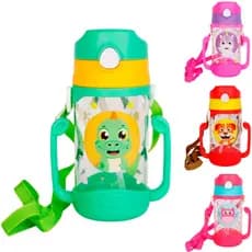 Garrafa Squeeze Água Infantil Escolar 400ml Com Canudo Silicone Alça Dupla DINO / UNICORNIO / CORUJA / CACHORRO Artbrink