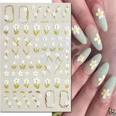 Decalques Para Arte Em Unhas 3D Linhas Douradas Flores Brancas Folhas Adesivos Decoração Pontas De Beleza