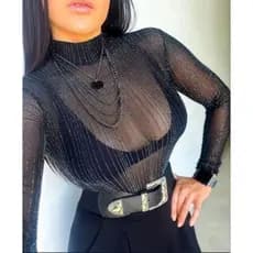 Body Feminino Tule Transparente Manga Longa Brilho Fios de Lurex Prata Listrada