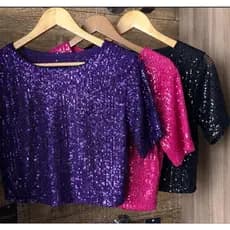 Cropped Paetê Brilho Premium Blusa Transparência Moda Gringa Blogueira Festa Balada Noite Brilhosa Luxo
