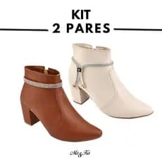 Kit 2 Pares Bota Feminina Bico Fino com Stras Original Salto Grosso Cano Curto Casual Dia a Dia Promoção