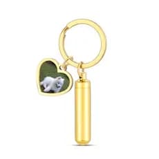 Chaveiro com Urna Cilíndrica para Cinzas Foto em formato Coração Aço Inoxidável Gato Cachorro Pet Crematório Lembrança