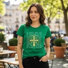Camiseta T Shirt 100% Algodão Feminina Estampa São Bento Simbolo De Proteção E Fé Ótima Qualidade