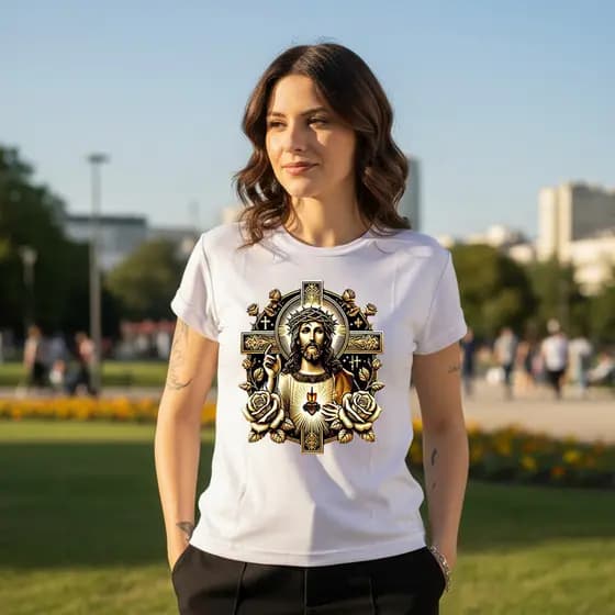 Camiseta T Shirt 100% Algodão Feminina Estampa Jesus Cristo Sagrado Coração Ótima Qualidade