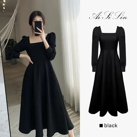 Vestido Preto Slim Fit Francês Estilo vintage Manga Comprida Pescoço Quadrado Formal Casual Coreano