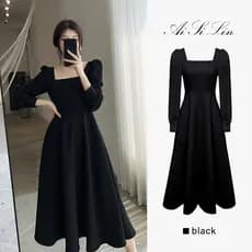 Vestido Preto Slim Fit Francês Estilo vintage Manga Comprida Pescoço Quadrado Formal Casual Coreano