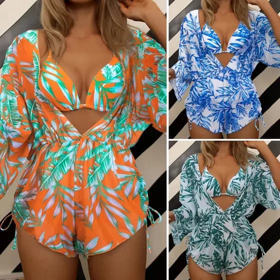 Três Peças De Biquíni Estampa De Folha Cintura Moda Manga Comprida Maiô De Praia