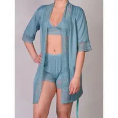 Pijama Trio Rendado Suede Conjunto Três Peças Short doll com Robe