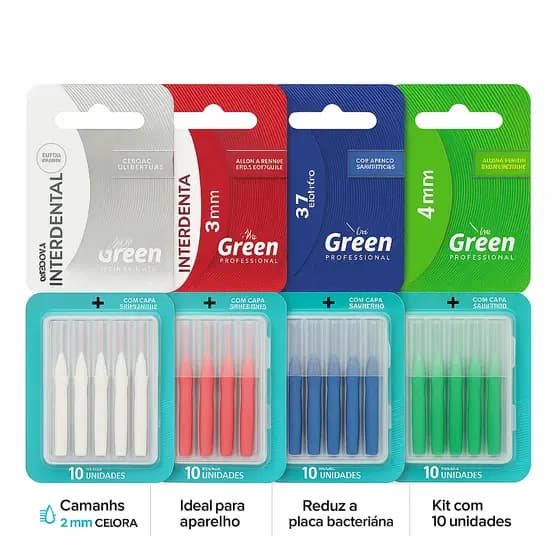 Escova Interdental Ortodontica com 10 Unidades Cerdas Cilindricas Conicas - 2 a 7mm - Green