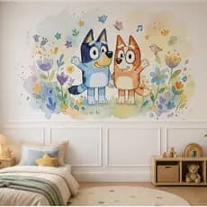 Papel de parede Bluey Aquarela Foto Mural Adesivo Clean Branco com Boiserie Decoração Quarto Infantil