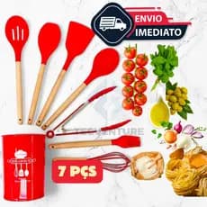 Kit 7 Utensílios de Cozinha em Silicone com Cabo de Madeira – Linha Premium