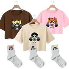 Kit 3 Cropped + 3 Pares Meias Femininas Super Poderosas Academia Estampadas Algodão Confortáveis