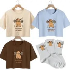 Kit 3 Cropped Feminino + 3 Meias Estampadas Capivara Academia Algodão Confortáveis Novidade