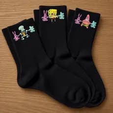 Kit 3 Pares Meias Cano Médio Bob Esponja Pretas Unissex Algodão Premium Respirável Academia Casual Moda Tendência