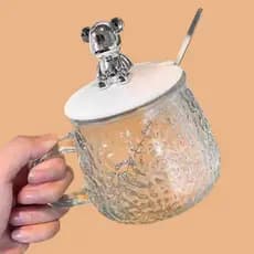 Caneca De Vidro Bear Ursinho Com Tampa E Colher