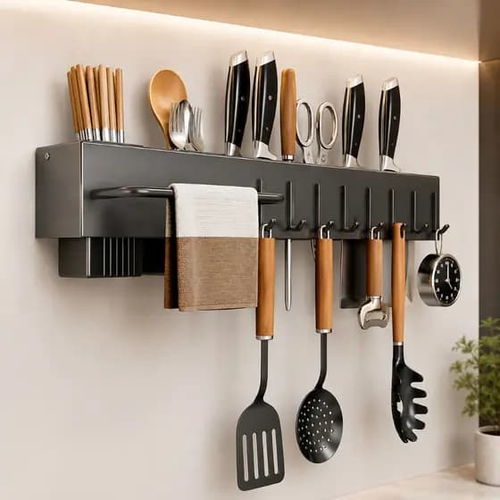 Suporte Organizador Cozinha 50cm Aço Inox Preto 8 Ganchos