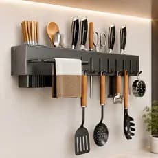 Suporte Organizador Cozinha 50cm Aço Inox Preto 8 Ganchos