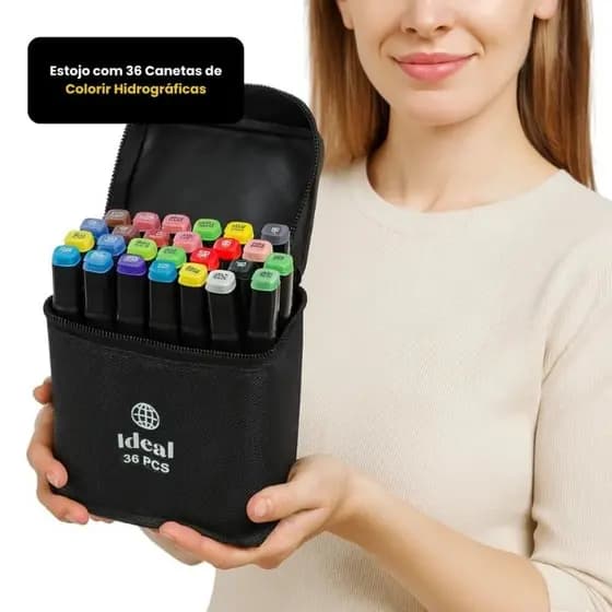 Estojo com 36 Canetas Ponta Dupla para Colorir Hidrográficas
