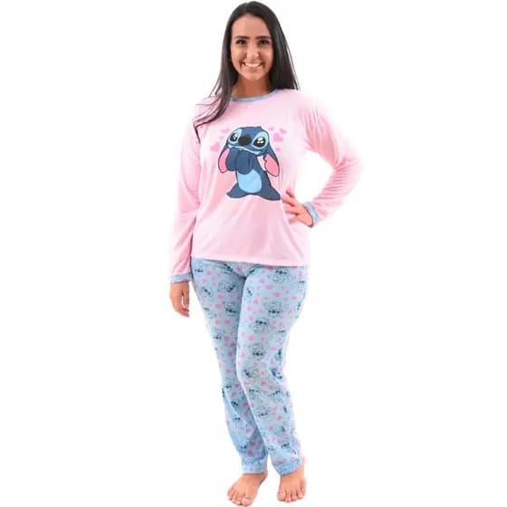 Pijama Longo Feminino Confortavel Frio Bonito Adulto Calça e Manga Comprida Personagens