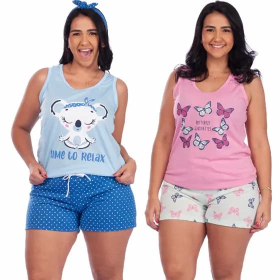 Kit 2 Pijamas Feminino Baby Doll Confortável Verão Durma Melhor Roupa Leve Confortável Feminina