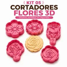 Kit 05 Cortadores de Biscoito Flores 3D Com Puxador Confeitaria Bolacha Massinha Pasta Americana