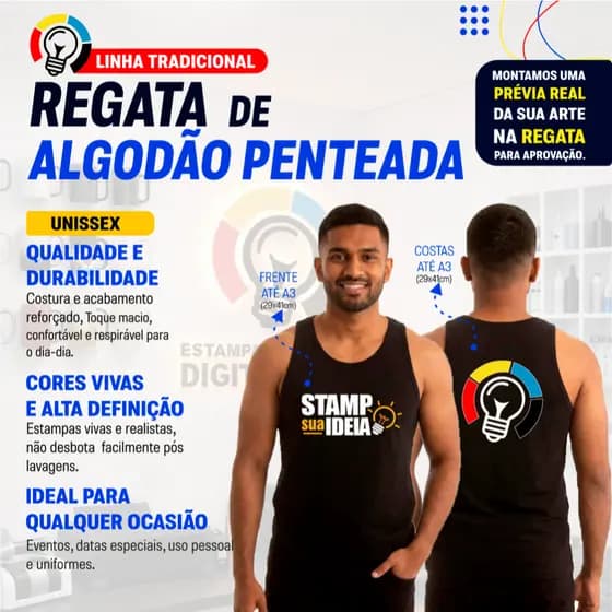 Regata de Algodão Penteada Personalizada com sua arte, para eventos, data especiais e uso causal.