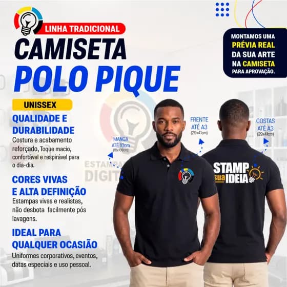 Camiseta Polo Pique 50% Poliéster 50% Algodão Personalizada.
