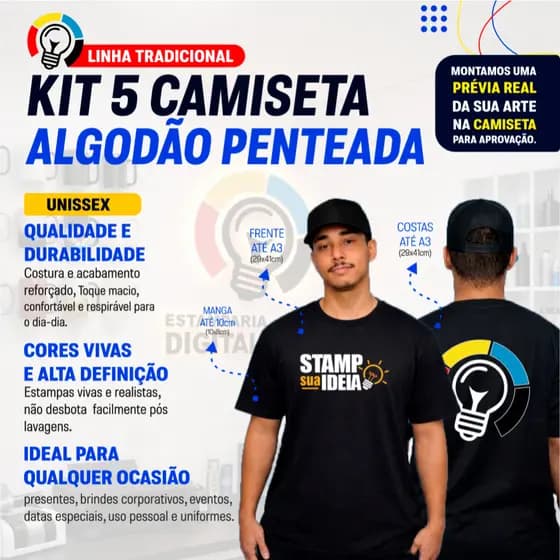 kit com 5 Camisetas de Algodão Personalizada para eventos, uniformes e uso casual.