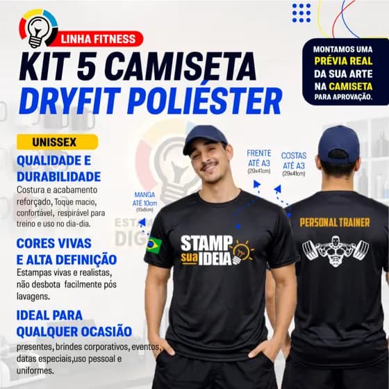 Kit com 5 Camisetas Dryfit Poliester Personalizada para academias , eventos, uniformes e uso casual