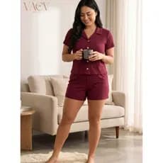 Baby Doll Short Doll Pijama Feminino em Suede Canelado com Botão