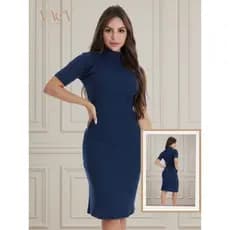 Vestido Canelado Feminino Midi Gola Alta Malha Canelada