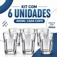 Copo de Vidro 6 Peças 400ml Grosso Resistente Multiuso Água Suco Refrigerante