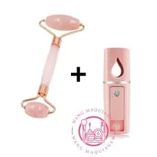 Nano Mister Vaporizador + Rolinho Rolo Massageador Facial Pedra Quartzo Rosa
