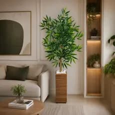 Planta Artificial Bambu Mosso da Sorte Decoração Escritorio Casa Sala Com Vaso E Pedras Brancas