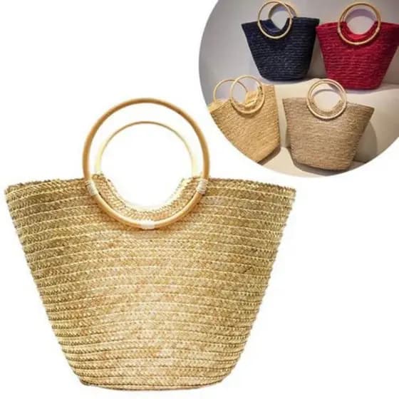 Bolsa De Praia Grande Cesto Com Alça Bambu Palha Natural De Trigo Colorida Com Forro Lindalva