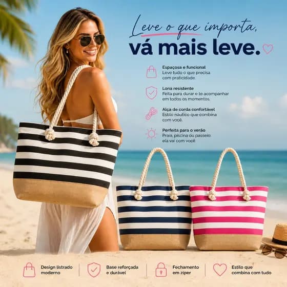 Bolsa Praia Piscina Listrada Grande Espaçosa Lona Juta Forrada Alca de Corda