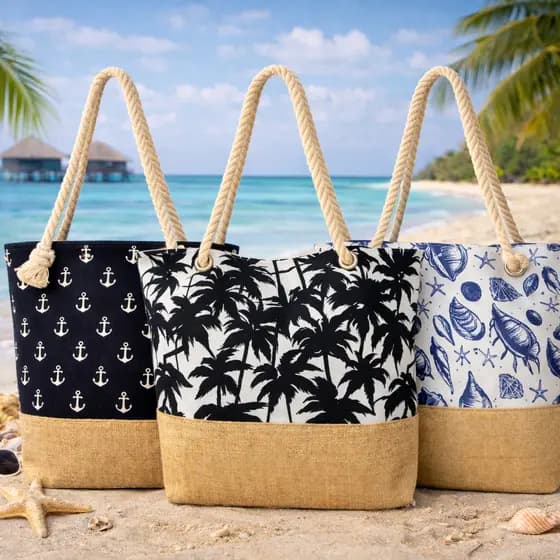 Bolsa Tote Praia Boho Chic Lona  Juta Estampada Alça Náutica Tamanho Grande Piscina