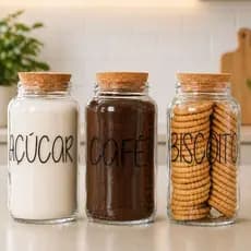 Kit Cantinho do Café + Açúcar + Biscoito | 3 potes de Vidro 810 ml + tampa rolha cortiça| Pote Mantimento