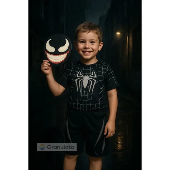 Fantasia Infantil Venom com Macacão Curto e Máscara EVA 2 a 8 anos Aniversário Carnaval