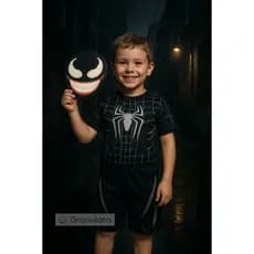 Fantasia Infantil Venom com Macacão Curto e Máscara EVA 2 a 8 anos Aniversário Carnaval