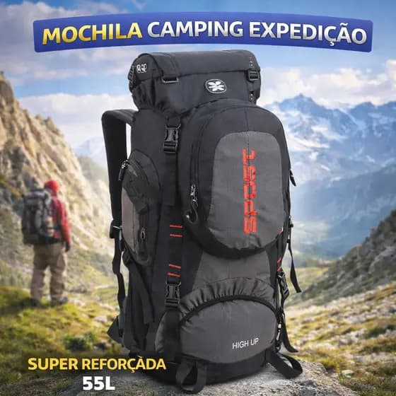 Mochila Camping 55L Denlex Reforçada Preta Cargueira Trilha Viagem Resistente