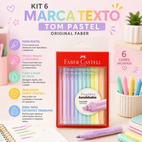Marca Texto Pastel Grifpen 6 Cores Original Faber-Castell Kit Marca Texto Escolar Caneta Fluorescente Tom Pastel